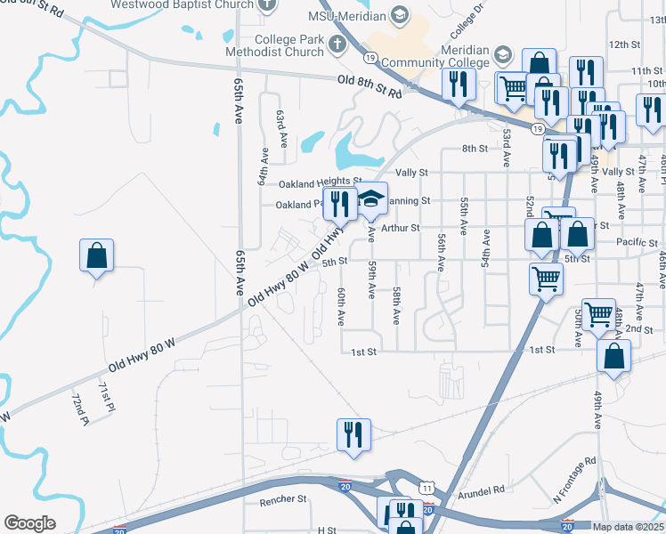 map of restaurants, bars, coffee shops, grocery stores, and more near 6005 5th Street in Meridian