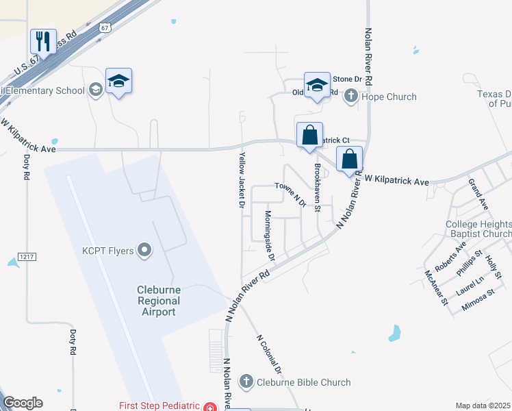 map of restaurants, bars, coffee shops, grocery stores, and more near 1704 Spring Branch Drive in Cleburne