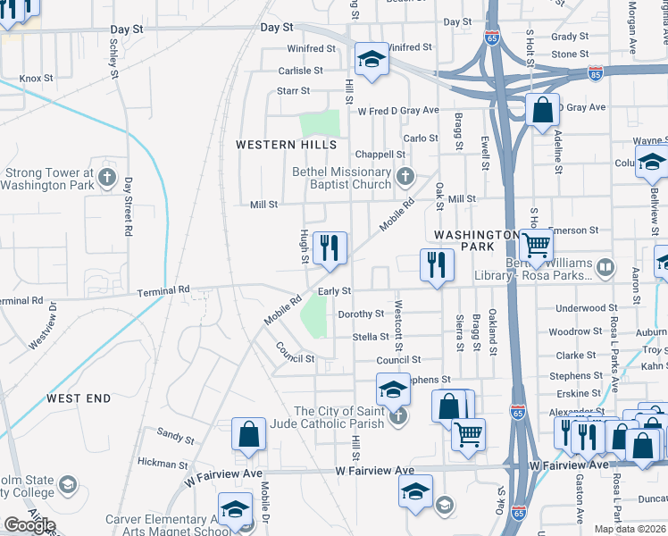map of restaurants, bars, coffee shops, grocery stores, and more near 1431 Mobile Road in Montgomery