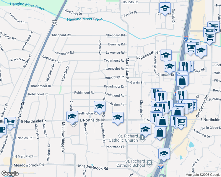 map of restaurants, bars, coffee shops, grocery stores, and more near 725 Broadmoor Drive in Jackson