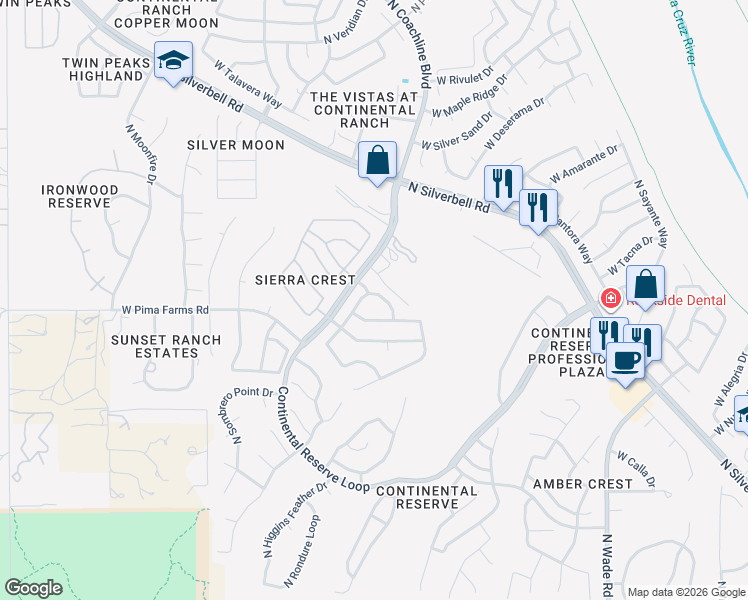 map of restaurants, bars, coffee shops, grocery stores, and more near 8425 North Sand Flower Road in Tucson