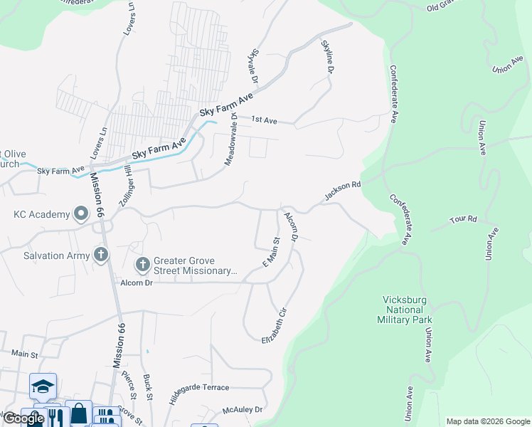 map of restaurants, bars, coffee shops, grocery stores, and more near 2012 Martin Luther King Junior Boulevard in Vicksburg