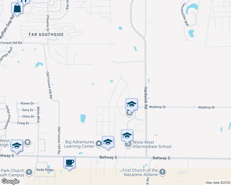 map of restaurants, bars, coffee shops, grocery stores, and more near 7433 Tuscany Drive in Abilene