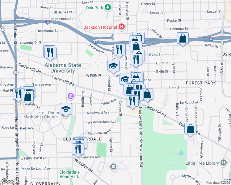 map of restaurants, bars, coffee shops, grocery stores, and more near 2034 Hazel Hedge Lane in Montgomery