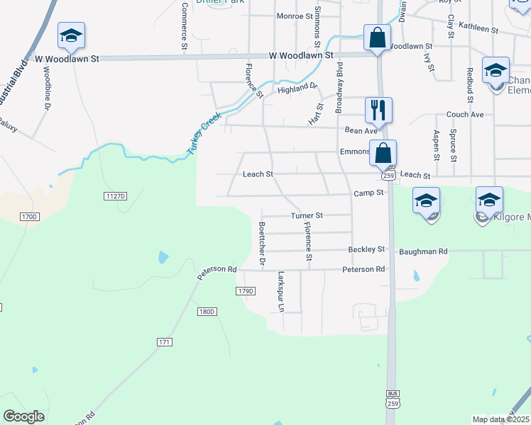 map of restaurants, bars, coffee shops, grocery stores, and more near 411 Turner Street in Kilgore