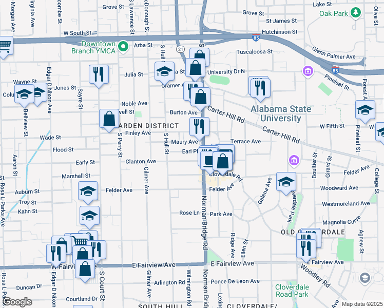 map of restaurants, bars, coffee shops, grocery stores, and more near 466 Earl Place in Montgomery