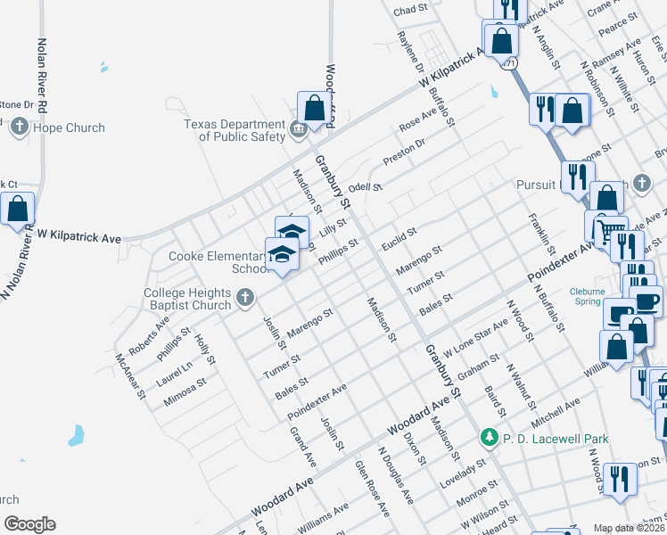 map of restaurants, bars, coffee shops, grocery stores, and more near 708 Euclid Street in Cleburne