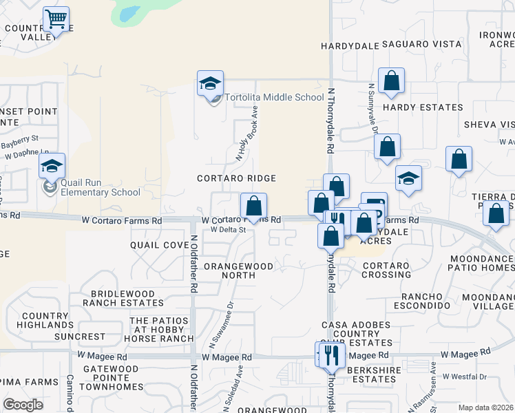 map of restaurants, bars, coffee shops, grocery stores, and more near 4000 West Bayou Place in Tucson