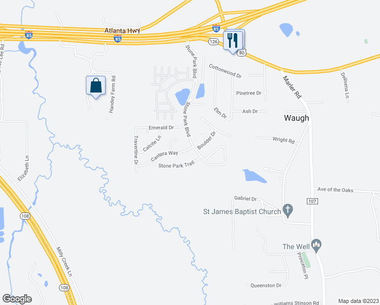 map of restaurants, bars, coffee shops, grocery stores, and more near 25 Cantera Way in Pike Road