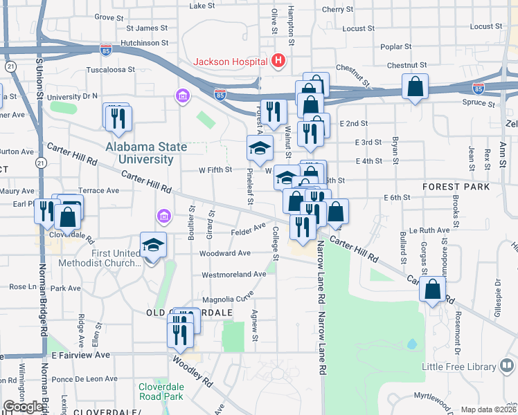 map of restaurants, bars, coffee shops, grocery stores, and more near 2045 Hazel Hedge Lane in Montgomery