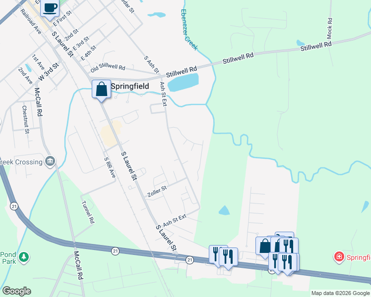 map of restaurants, bars, coffee shops, grocery stores, and more near 1013 Ash Street Extension in Springfield