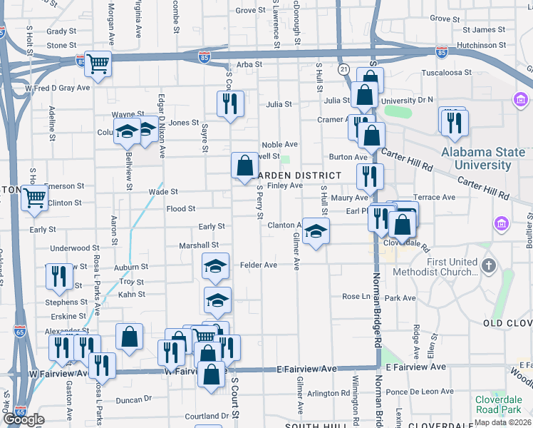 map of restaurants, bars, coffee shops, grocery stores, and more near 1324 South Perry Street in Montgomery