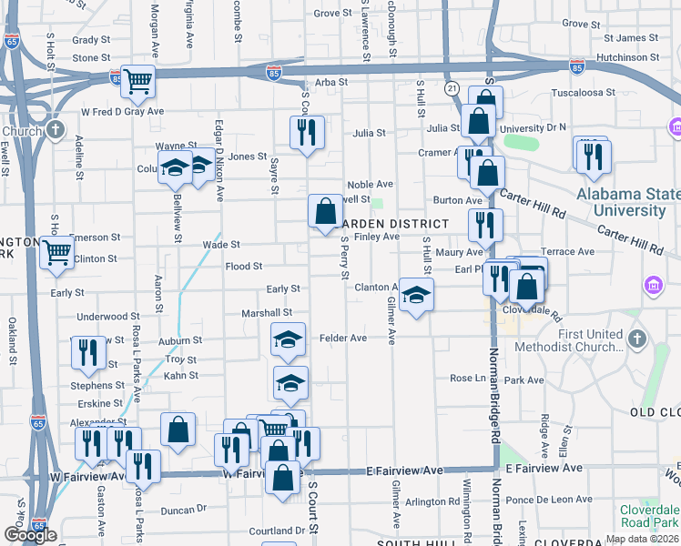 map of restaurants, bars, coffee shops, grocery stores, and more near 1324 South Perry Street in Montgomery