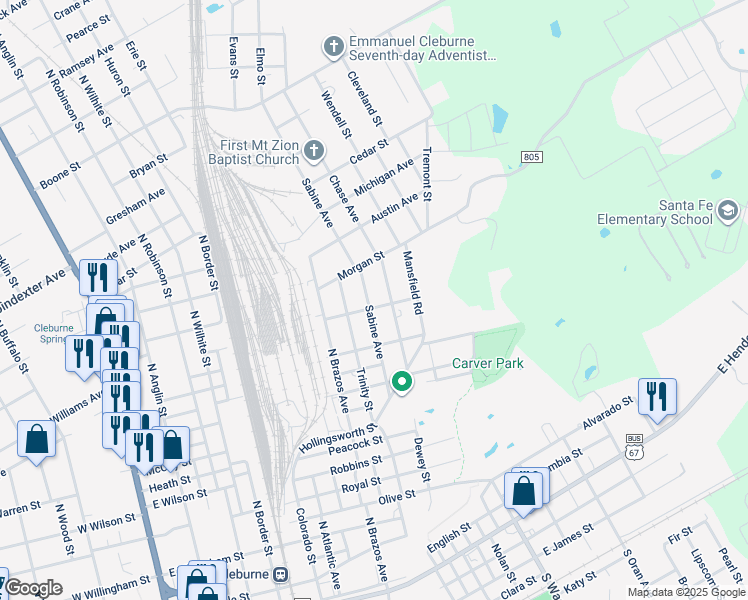 map of restaurants, bars, coffee shops, grocery stores, and more near 501 Sabine Avenue in Cleburne