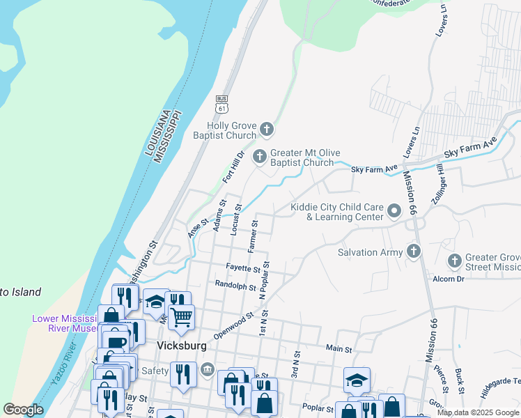 map of restaurants, bars, coffee shops, grocery stores, and more near 1301 Maulding Drive in Vicksburg
