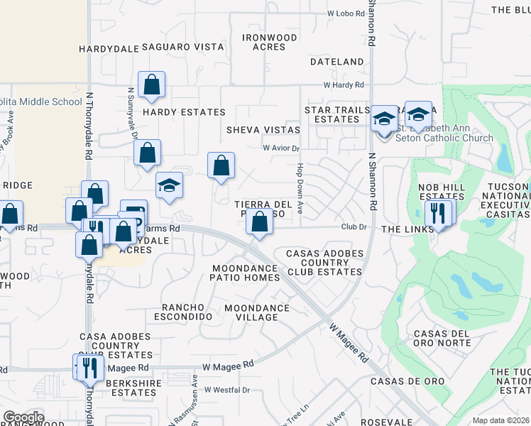 map of restaurants, bars, coffee shops, grocery stores, and more near 3218 West Calle De Manzanillo in Tucson