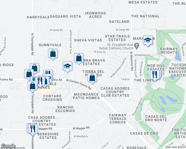 map of restaurants, bars, coffee shops, grocery stores, and more near 8459 North Placita De La Manzana in Tucson