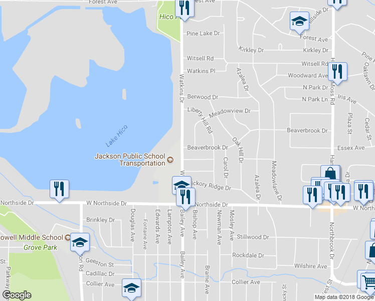 map of restaurants, bars, coffee shops, grocery stores, and more near 755 Beaverbrook Drive in Jackson