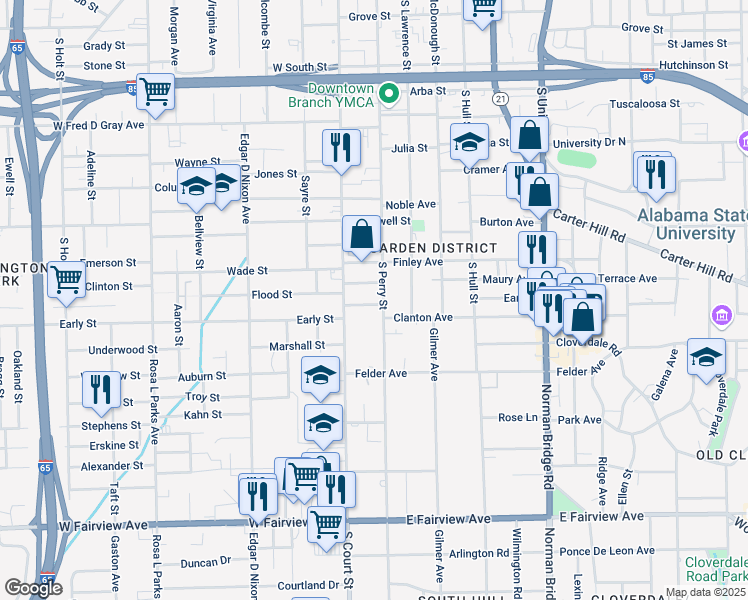 map of restaurants, bars, coffee shops, grocery stores, and more near 1324 South Perry Street in Montgomery