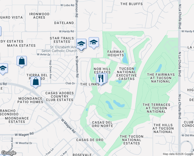 map of restaurants, bars, coffee shops, grocery stores, and more near 8445 North Nob Hill Drive in Tucson