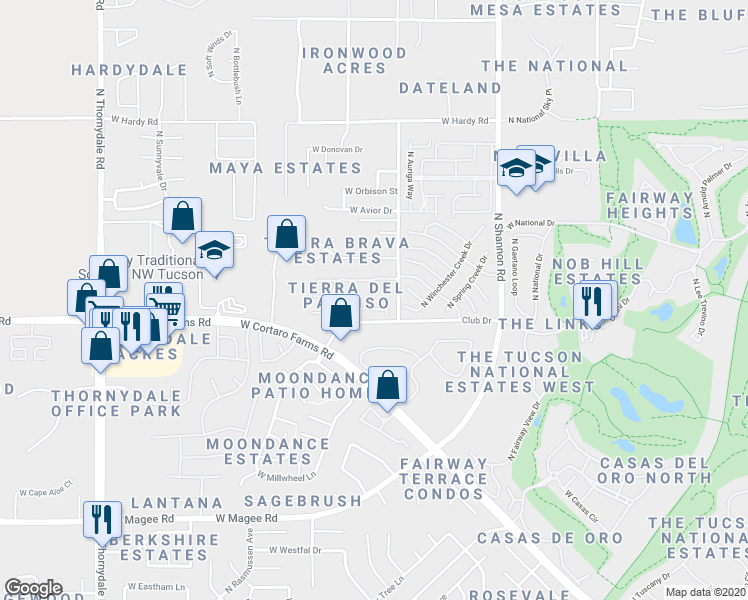 map of restaurants, bars, coffee shops, grocery stores, and more near 8446 North Avenida De La Bellota in Tucson