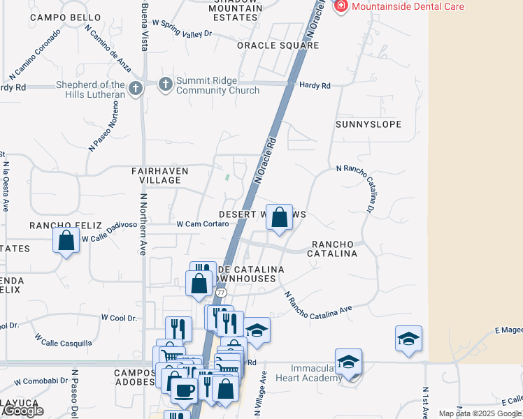 map of restaurants, bars, coffee shops, grocery stores, and more near 8422 North Hanks Place in Tucson