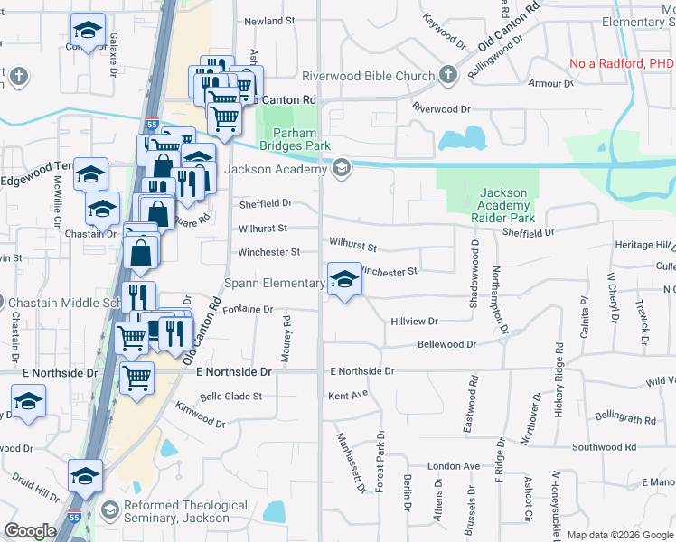 map of restaurants, bars, coffee shops, grocery stores, and more near 1620 Brecon Drive in Jackson