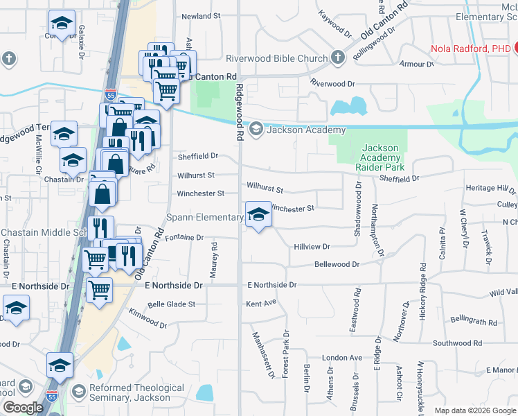 map of restaurants, bars, coffee shops, grocery stores, and more near 1621 Winchester Street in Jackson