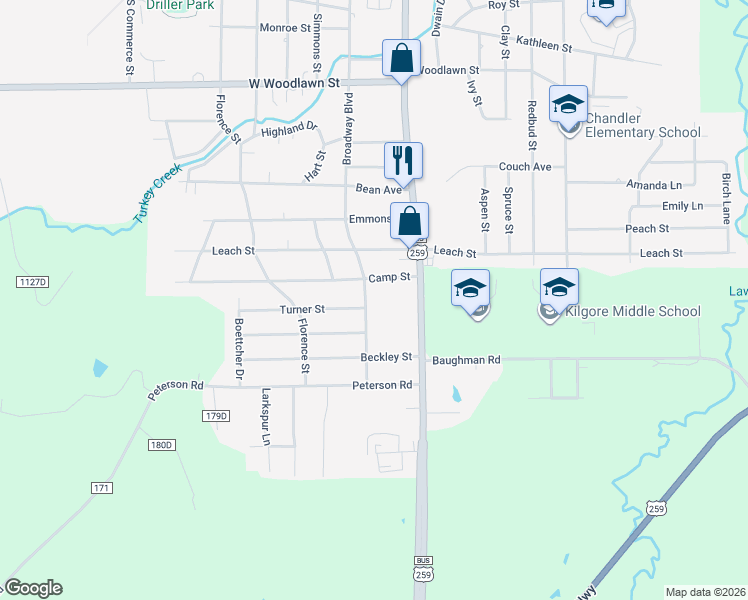 map of restaurants, bars, coffee shops, grocery stores, and more near 3026 Broadway Boulevard in Kilgore