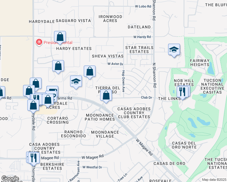 map of restaurants, bars, coffee shops, grocery stores, and more near 8445 North Avenida De La Bellota in Tucson