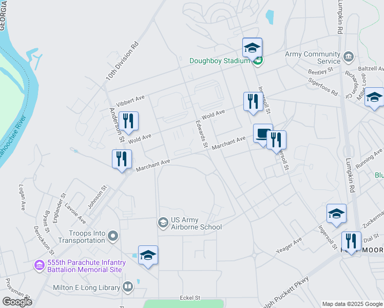 map of restaurants, bars, coffee shops, grocery stores, and more near Marchant Avenue in Fort Moore