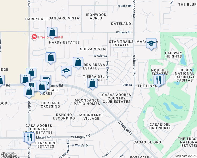 map of restaurants, bars, coffee shops, grocery stores, and more near 3218 West Calle De Manzanillo in Tucson