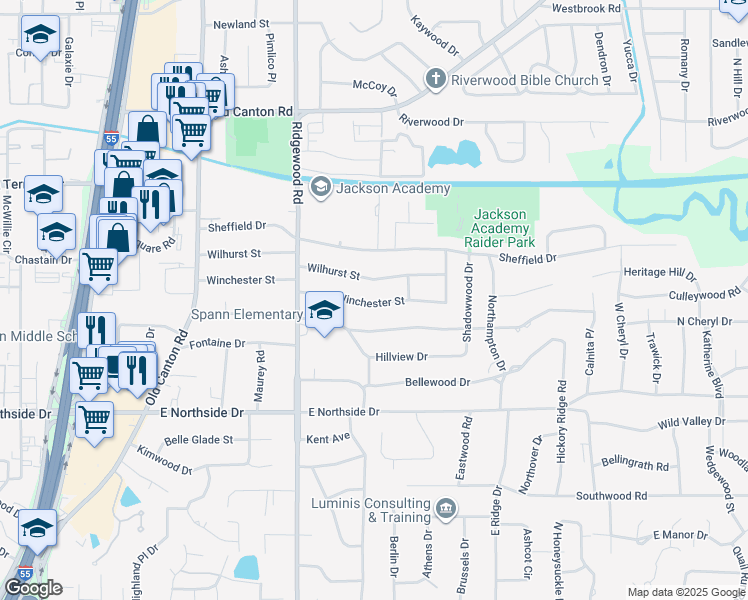 map of restaurants, bars, coffee shops, grocery stores, and more near 1662 Winchester Street in Jackson