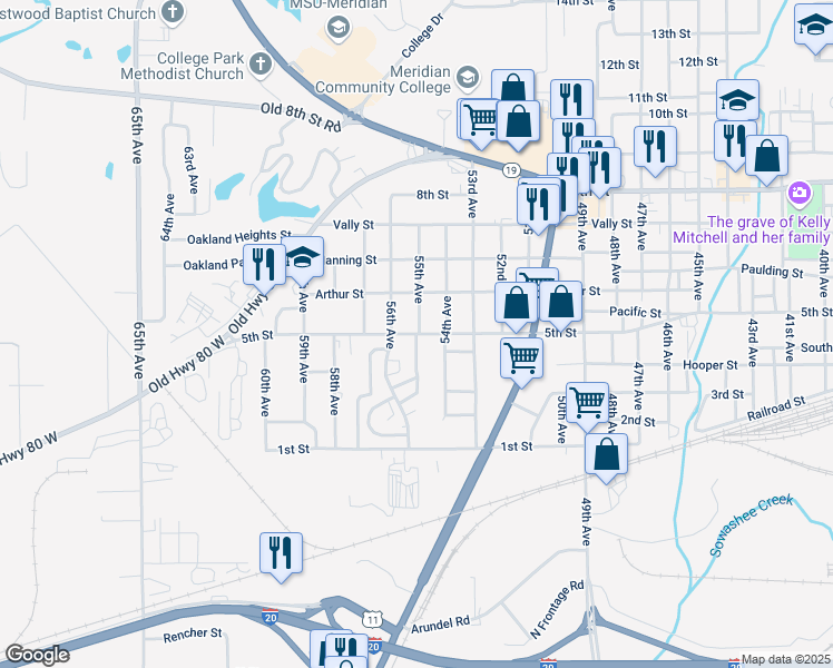 map of restaurants, bars, coffee shops, grocery stores, and more near 499 55th Avenue in Meridian
