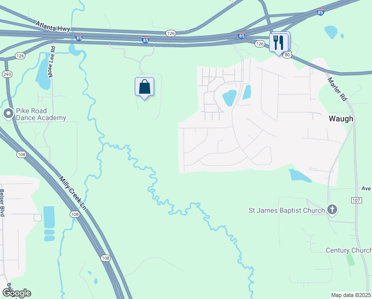 map of restaurants, bars, coffee shops, grocery stores, and more near 48 Calcite Lane in Pike Road