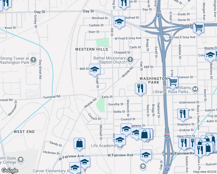 map of restaurants, bars, coffee shops, grocery stores, and more near 1430 Mobile Road in Montgomery