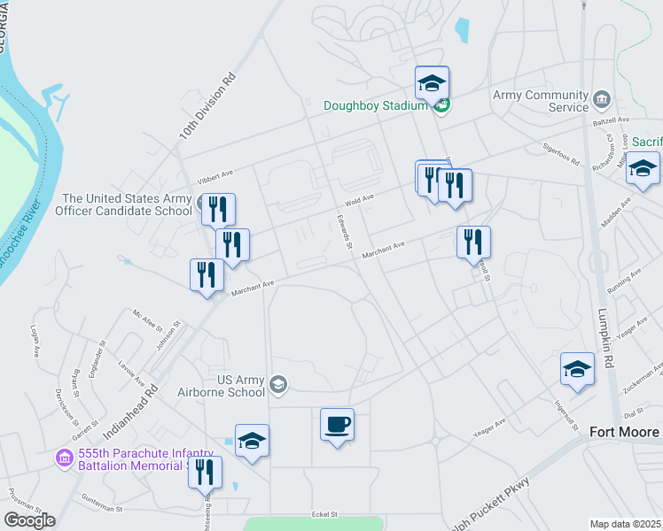 map of restaurants, bars, coffee shops, grocery stores, and more near Marchant Avenue in Fort Moore