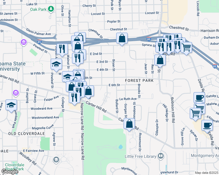 map of restaurants, bars, coffee shops, grocery stores, and more near 2005 North Country Club Drive in Montgomery