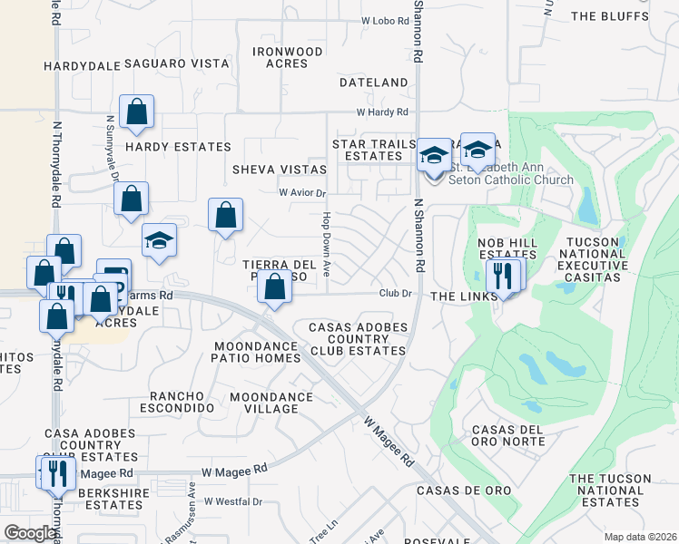 map of restaurants, bars, coffee shops, grocery stores, and more near 8424 North Winchester Creek Drive in Tucson
