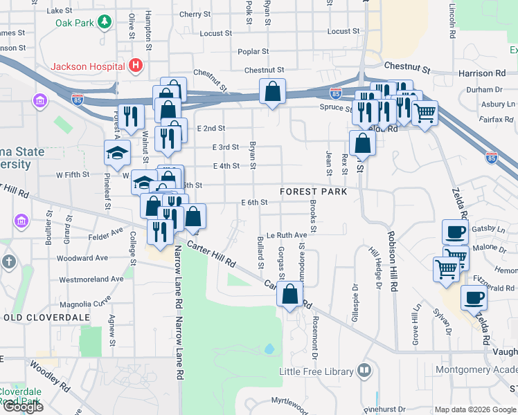 map of restaurants, bars, coffee shops, grocery stores, and more near 1929 Bullard Street in Montgomery