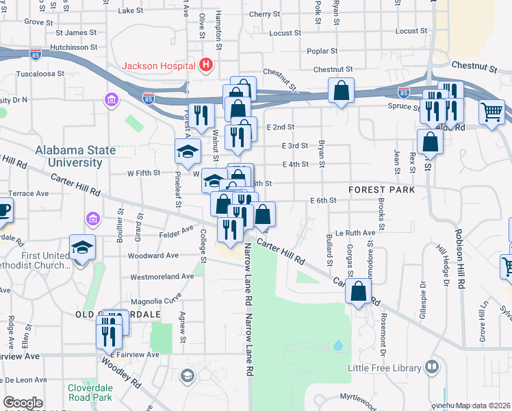 map of restaurants, bars, coffee shops, grocery stores, and more near 2013 West Street in Montgomery