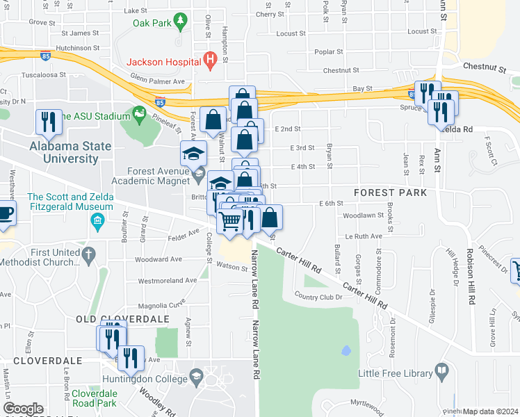 map of restaurants, bars, coffee shops, grocery stores, and more near 2001 Mulberry Street in Montgomery