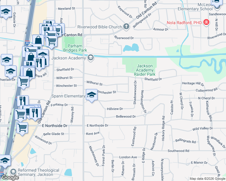 map of restaurants, bars, coffee shops, grocery stores, and more near 1680 Winchester Street in Jackson