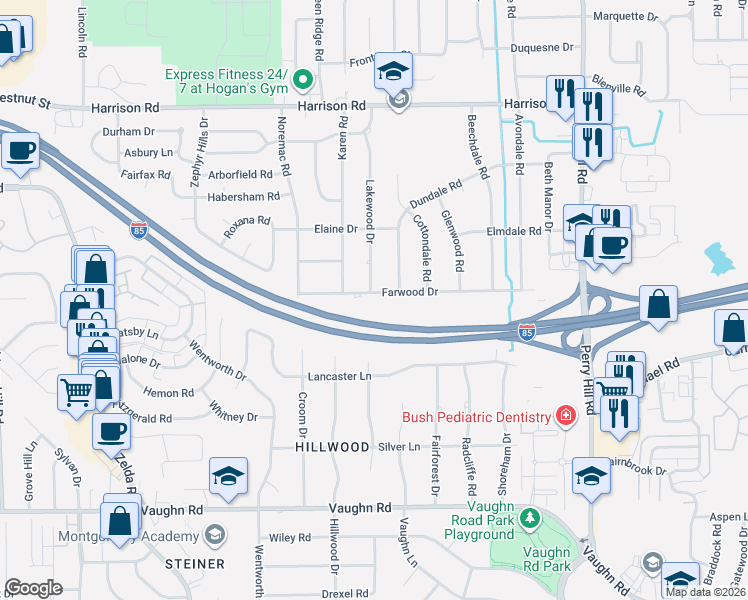 map of restaurants, bars, coffee shops, grocery stores, and more near Interstate 85 in Montgomery
