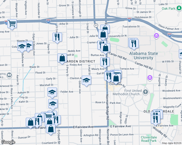 map of restaurants, bars, coffee shops, grocery stores, and more near 1505 South Hull Street in Montgomery