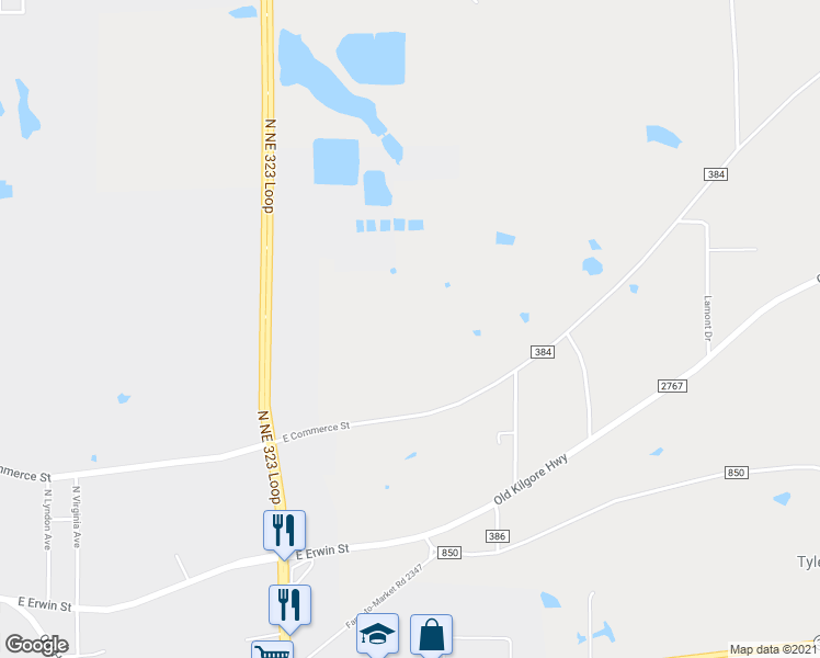 map of restaurants, bars, coffee shops, grocery stores, and more near 3105 County Road 384 in Tyler