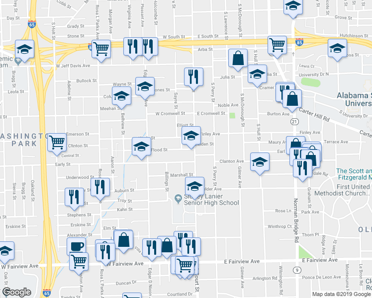map of restaurants, bars, coffee shops, grocery stores, and more near 20 Flood Street in Montgomery