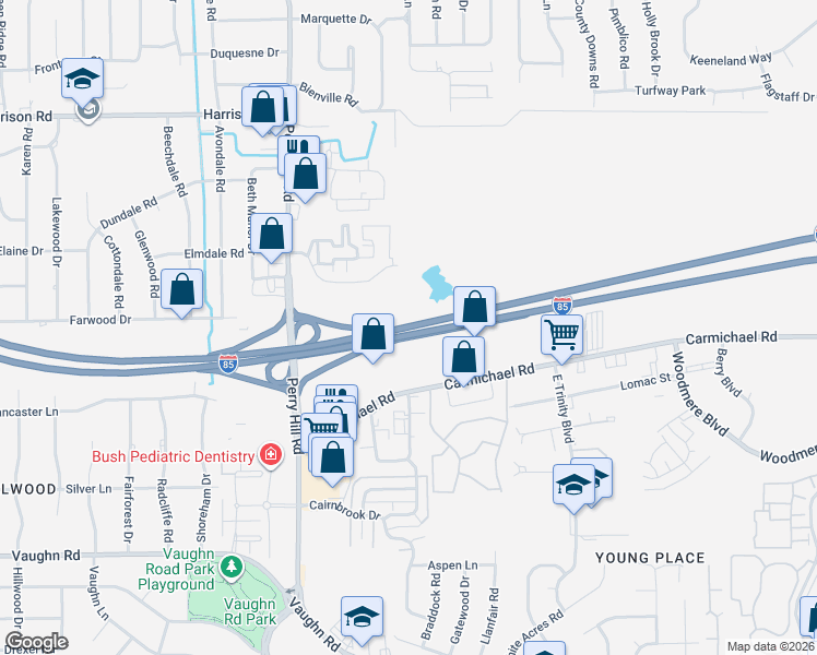 map of restaurants, bars, coffee shops, grocery stores, and more near Interstate 85 in Montgomery