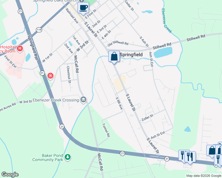 map of restaurants, bars, coffee shops, grocery stores, and more near 832 South Railroad Avenue in Springfield
