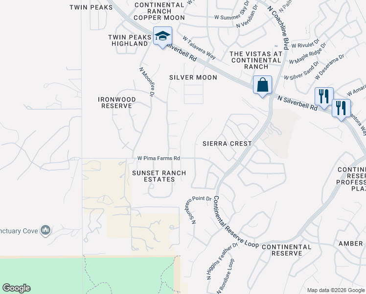 map of restaurants, bars, coffee shops, grocery stores, and more near 8440 North Sand Dune Place in Tucson